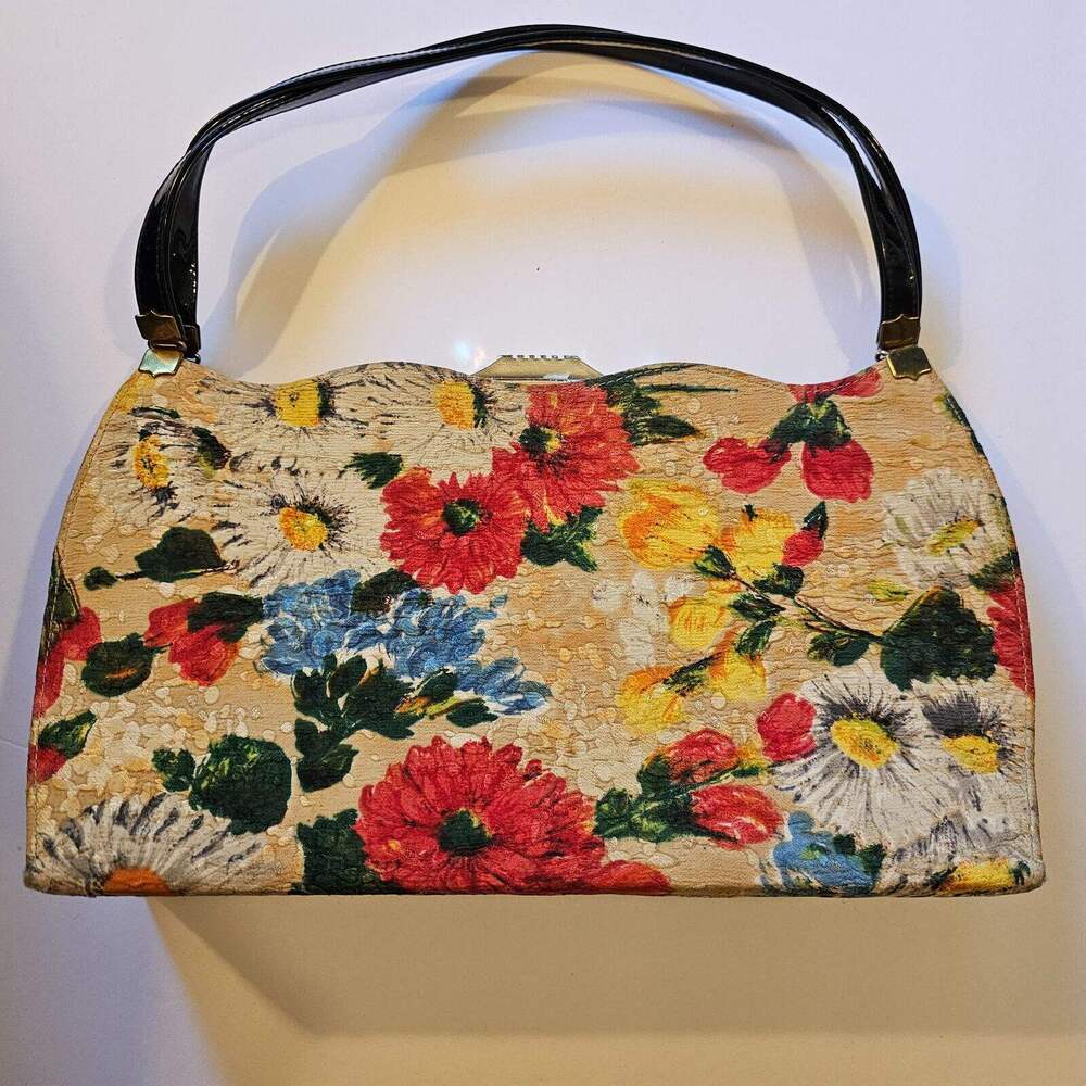 Floral Fabric Purse Handbag Bag Black Patent Leather Trim and Handles Vintage